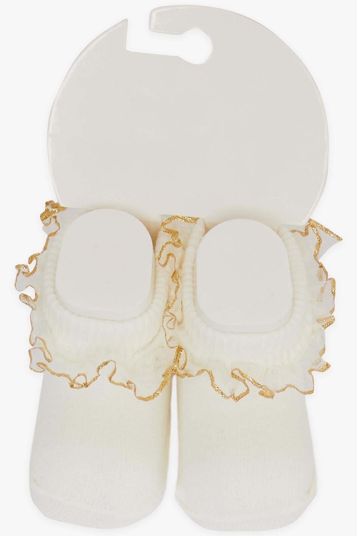 MİNİDAMLA Kız Bebek Ayaklı Çorap Simli Dantelli Ekru