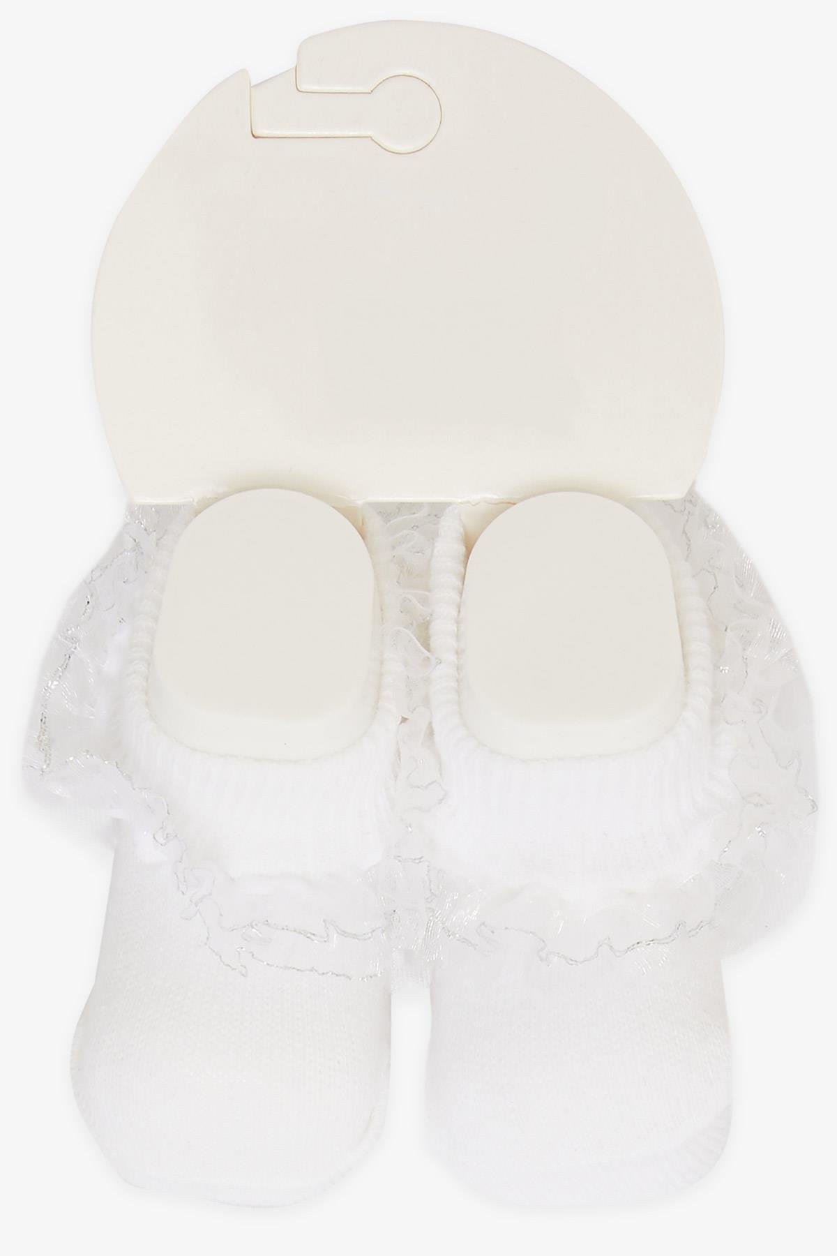 MİNİDAMLA Kız Bebek Ayaklı Çorap Simli Dantelli Beyaz