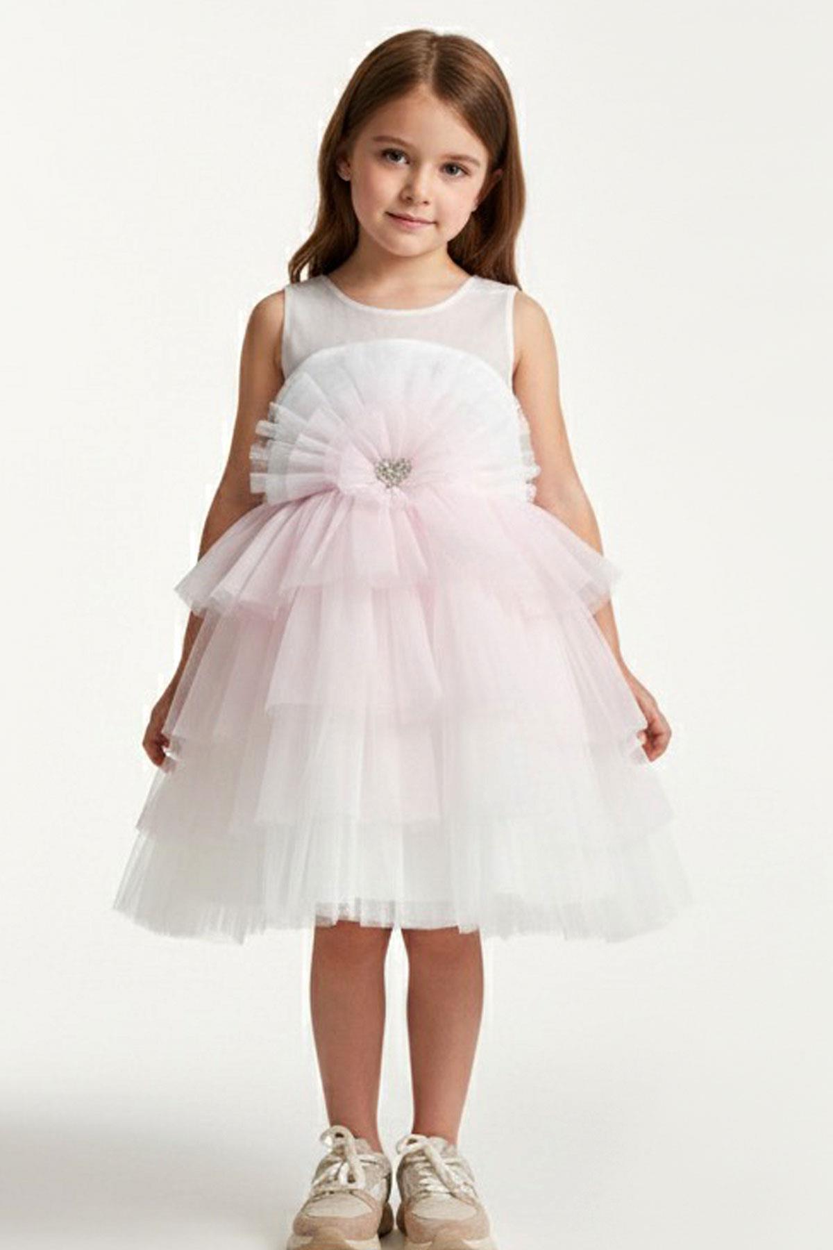 Monita Kız Çocuk Abiye Elbise Arka Kısmı Fiyonklu Taşlı Kalp Aksesuarlı Pembe (4-8 Yaş)
