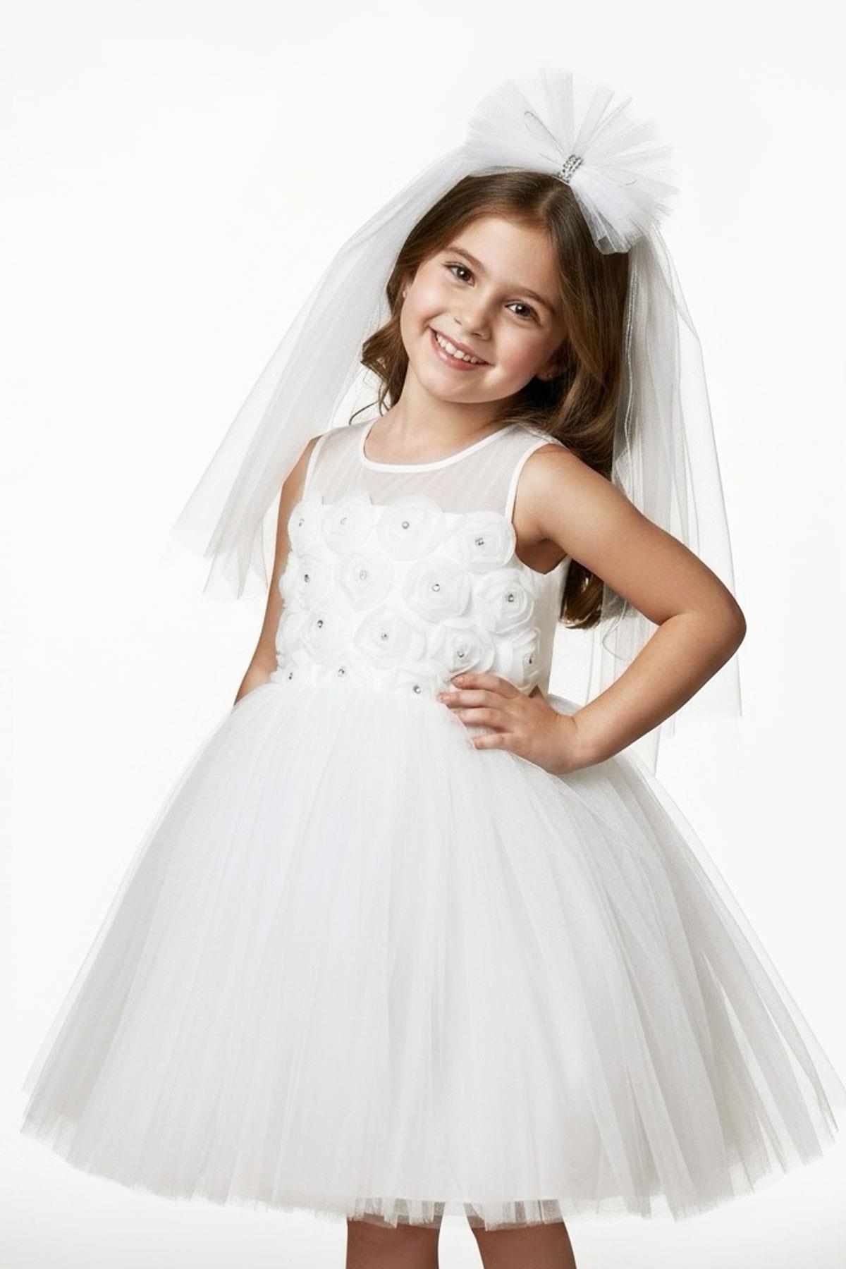 Monita Kız Çocuk Abiye Elbise Arkası Fiyonk Detaylı Taşlı Tüllü Beyaz (4-8 Yaş)