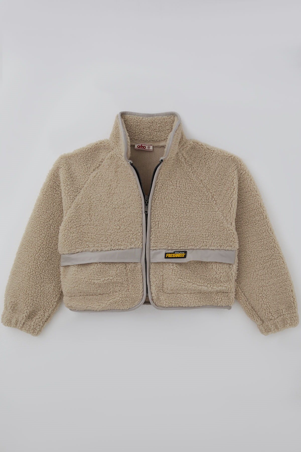 Orko Kız Çocuk Peluş Crop Hırka Kontrast Şerit & Dekoratif Yazı Arma Detaylı Fermuarlı Bej (10-16 Yaş)