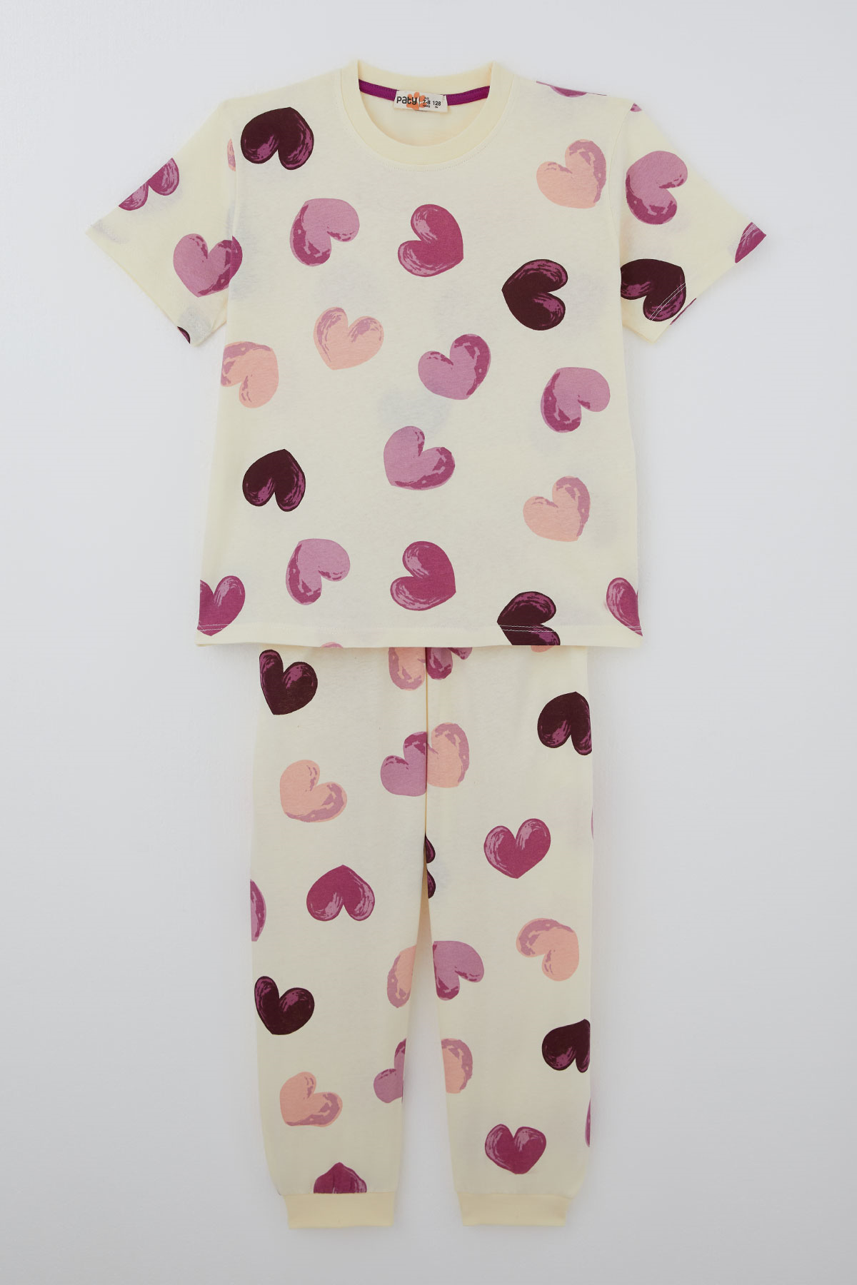Paty Kıds Kız Çocuk Pijama Takımı Kısa Kollu Renkli Kalp Desenli Sarı (8-12 Yaş)