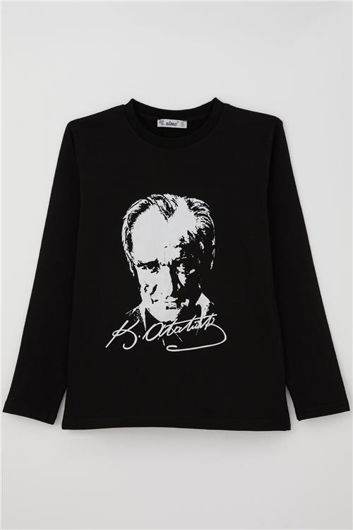 Alg Erkek Çocuk Uzun Kollu Tişört Atatürk Portre Ve İmzalı Siyah (2-17 Yaş)