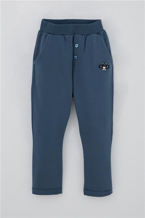 Breeze Erkek Bebek Eşofman Altı Ayıcık Armalı Düğme Aksesuarlı İndigo (9 Ay-3 Yaş)