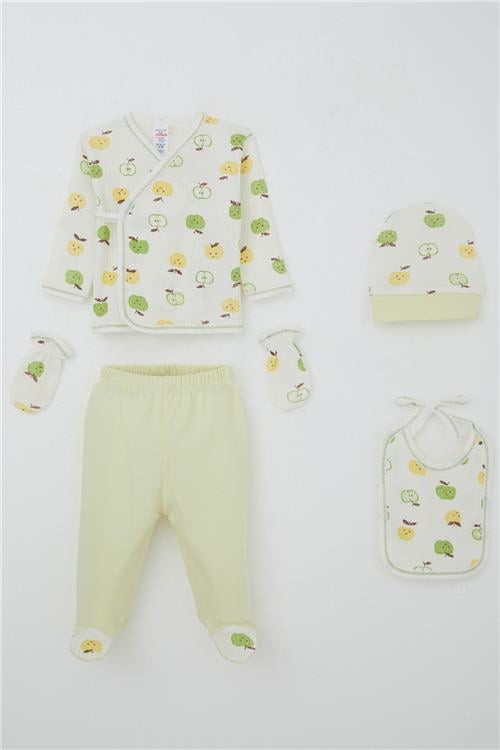 Breeze Erkek Bebek Hastane Çıkışı 5 li Sevimli Minik Elma Desenli Ekru (0-3 Ay)