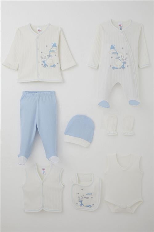 Breeze Erkek Bebek Hastane Çıkışı 8 li Scooter Kralı Uçurtma Uçuran Tavşancık Nakışlı Beyaz (0-3 Ay)