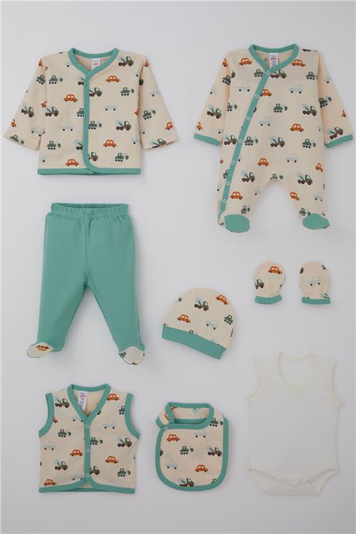 Breeze Erkek Bebek Hastane Çıkışı 8 li Renkli İş Makinesi Desenli Krem (0-3 Ay)