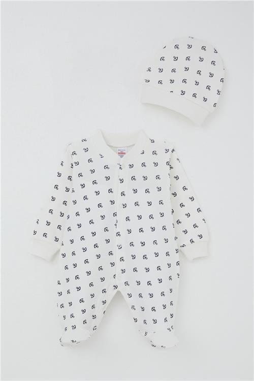 Breeze Erkek Bebek Patikli Tulum Deniz Temalı Çapa Desenli Ekru (0-6 Ay)