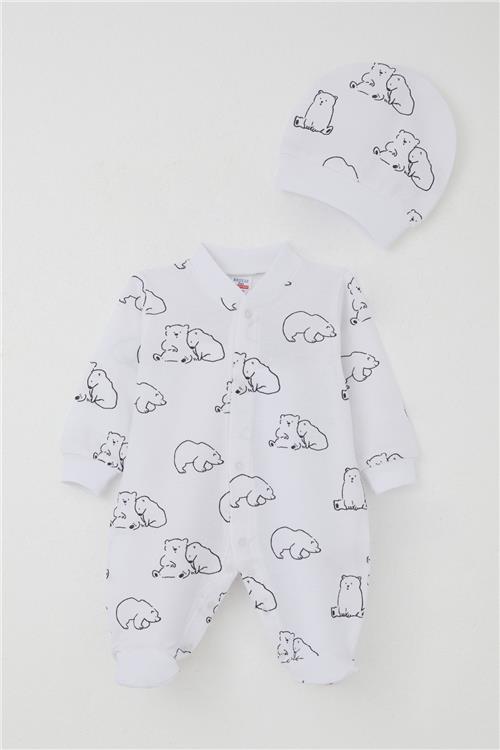 Breeze Erkek Bebek Patikli Tulum Sevimli Kutup Ayıcığı Desenli Beyaz (0-6 Ay)