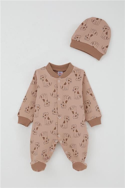 Breeze Erkek Bebek Patikli Tulum Sevimli Köpekçik Desenli Açık Kahverengi (0-6 Ay)