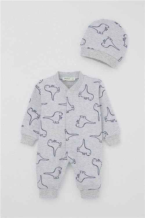 Breeze Erkek Bebek Patikli Tulum Sevimli Dinozor Desenli Açık Gri Melanj (0-6 Ay)
