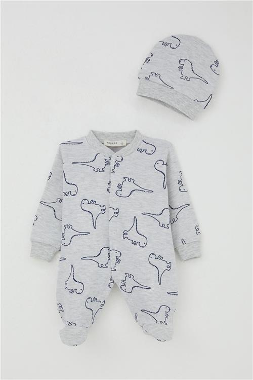 Breeze Erkek Bebek Patikli Tulum Sevimli Dinozor Desenli Açık Gri Melanj (0-6 Ay)