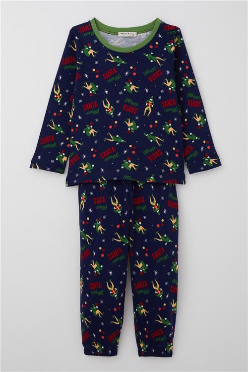 Breeze Erkek Bebek Pijama Takımı Eğlenceli Noel Baba Desenli Lacivert (9 Ay-3 Yaş)