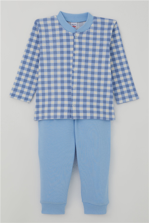Breeze Erkek Bebek Pijama Takımı Ekose Desenli Önden Çıtçıtlı Mavi (4 Ay-1 Yaş)