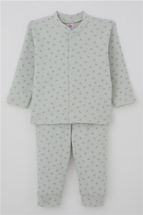 Breeze Erkek Bebek Pijama Takımı Mini Üçgenler Desenli Önden Çıtçıtlı Su Yeşili (4 Ay-1 Yaş)