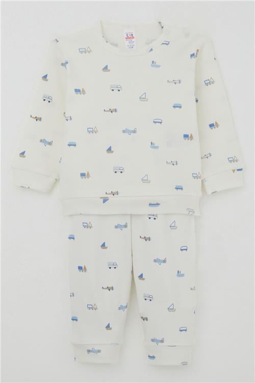 Breeze Erkek Bebek Pijama Takımı Omuzdan Patlı Mini Taşıtlar Dünyası Ekru (4 Ay-1 Yaş)