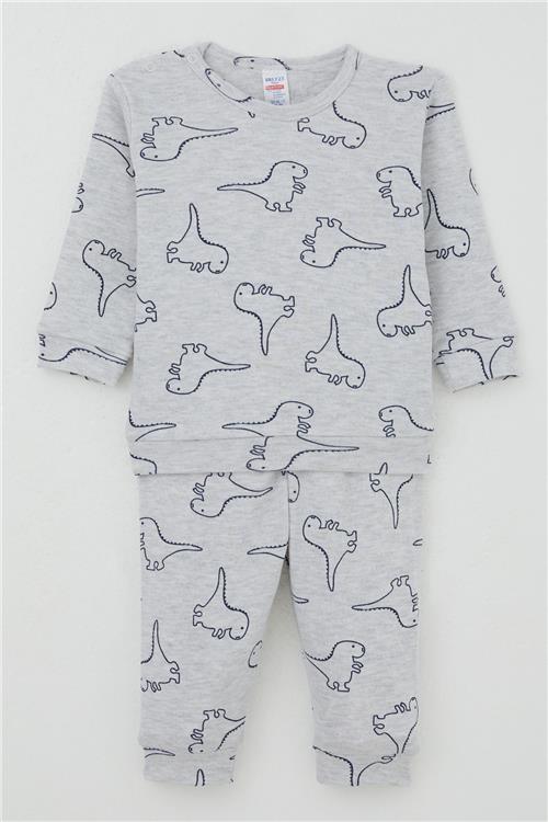 Breeze Erkek Bebek Pijama Takımı Omuzdan Patlı Sevimli Dinozor Desenli Açık Gri Melanj (4 Ay-1 Yaş)
