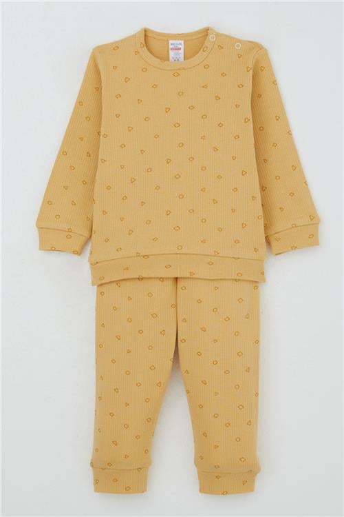 Breeze Erkek Bebek Pijama Takımı Omuzdan Patlı Minik Geometrik Şekiller Hardal Sarı (4 Ay-1 Yaş)