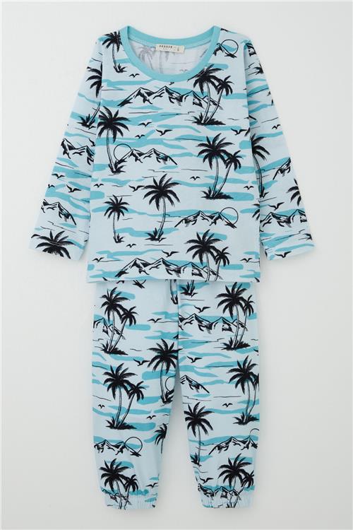Breeze Erkek Bebek Pijama Takımı Palmiye Ağacı Desenli Açık Mavi (9 Ay-3 Yaş)