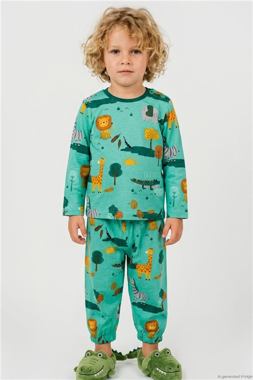 Breeze Erkek Bebek Pijama Takımı Safari Temalı Sevimli Hayvancıklar Desenli Yeşil (9 Ay-3 Yaş)