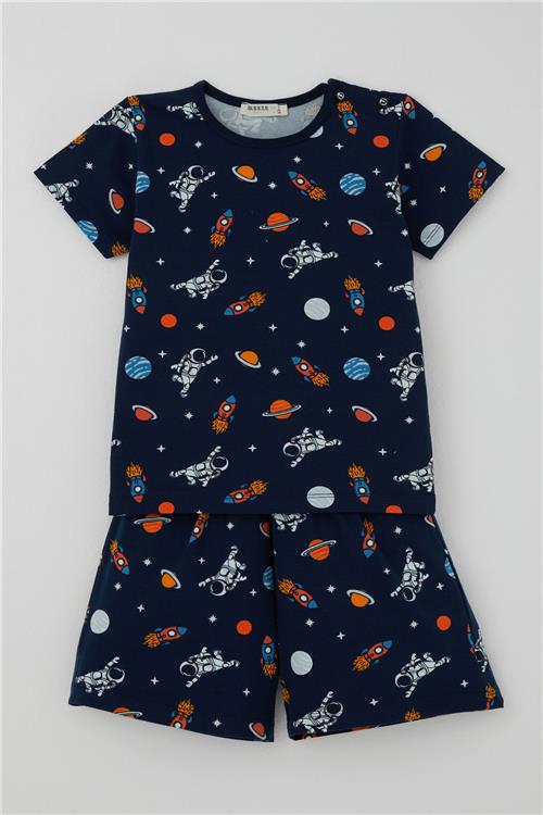 Breeze Erkek Bebek Şortlu Pijama Takımı Galaksi Temalı Astronot Desenli Lacivert (9 Ay-3 Yaş)