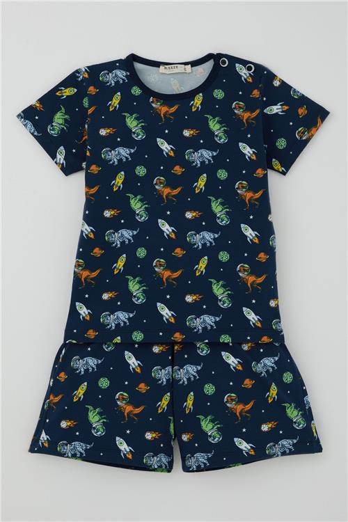 Breeze Erkek Bebek Şortlu Pijama Takımı Uzay Temalı Astronot Dinozor Desenli Lacivert (9 Ay-3 Yaş)