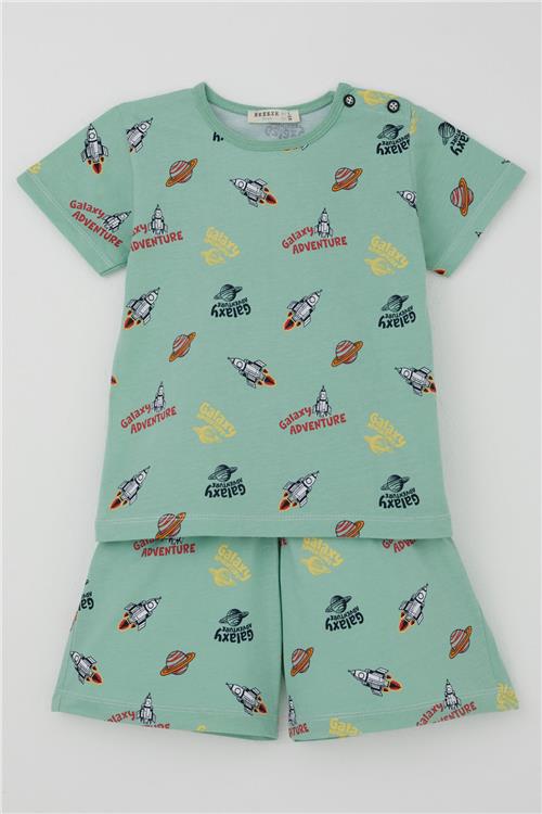 Breeze Erkek Bebek Şortlu Pijama Takımı Galaksi Macerası Temalı Su Yeşili (9 Ay-3 Yaş)