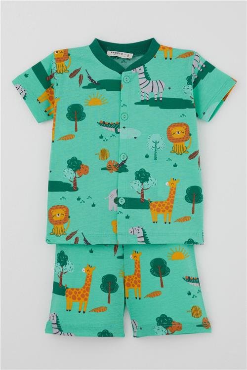 Breeze Erkek Bebek Şortlu Pijama Takımı Safari Temalı Sevimli Hayvancıklar Desenli Yeşil (4 Ay - 1 Yaş)