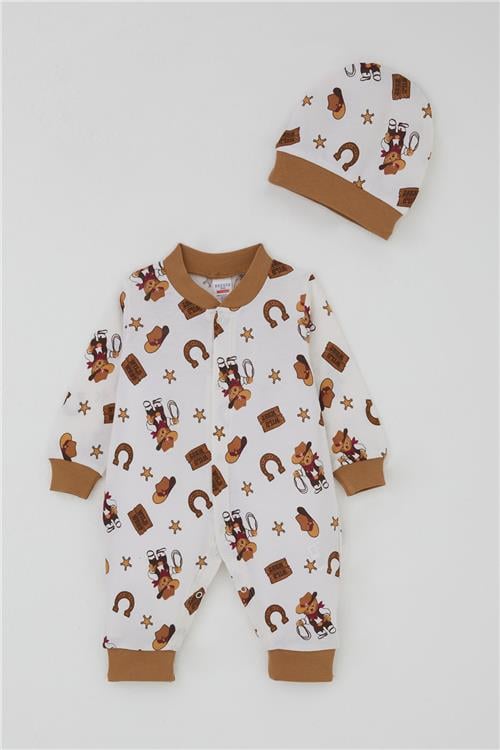 Breeze  Erkek Bebek Tulum Mini Kovboy Ayıcık Desenli Ekru (0-6 Ay)