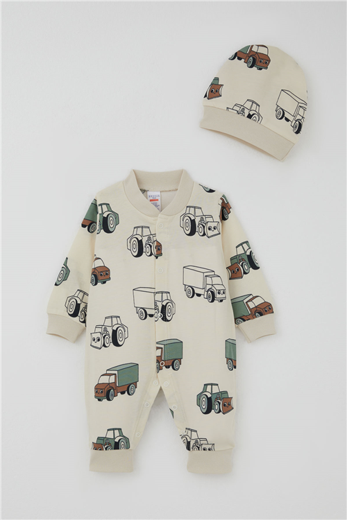 Breeze Erkek Bebek Tulum Minik İş Makineleri Desenli Krem (0-6 Ay)
