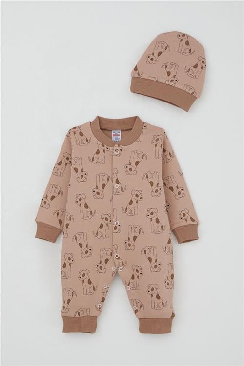 Breeze Erkek Bebek Tulum Sevimli Köpekçik Desenli Açık Kahverengi (0-6 Ay)