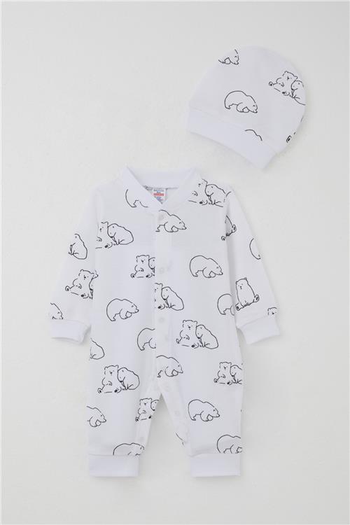 Breeze Erkek Bebek Tulum Sevimli Kutup Ayıcığı Desenli Beyaz (0-6 Ay)