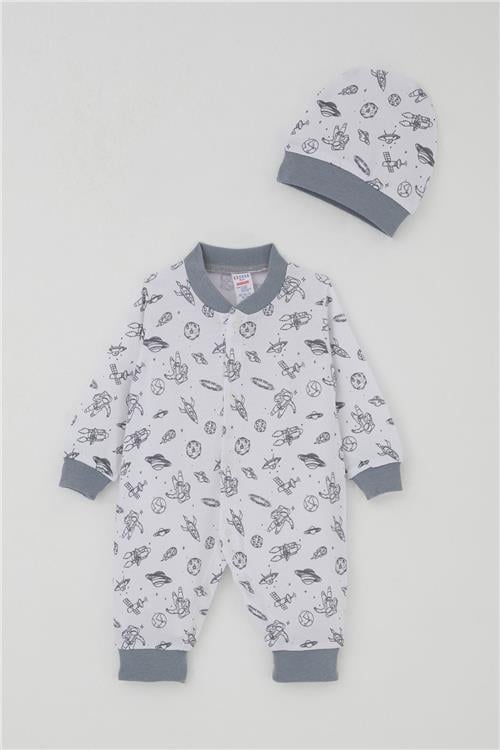 Breeze Erkek Bebek Tulum Uzay Temalı Minik Astronot Desenli Beyaz (0-6 Ay)