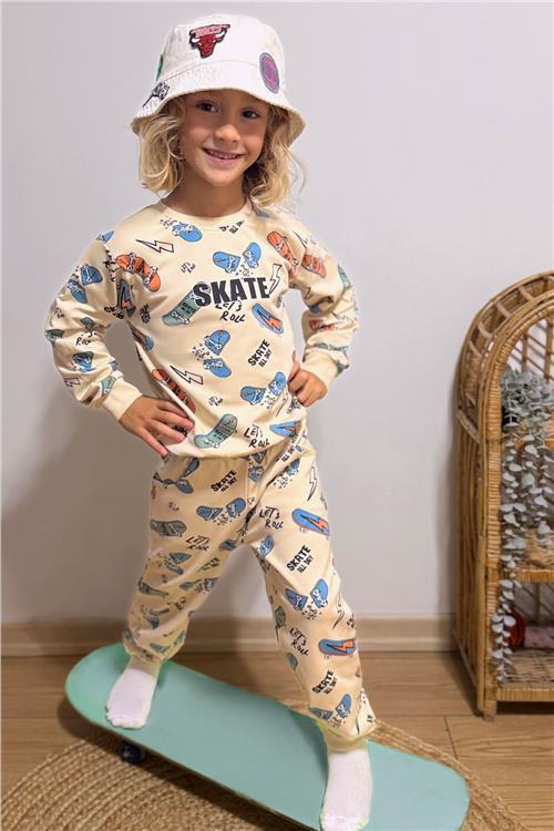 Breeze Erkek Çocuk Eşofman Takım Kaykay Desenli Krem (3 Yaş)