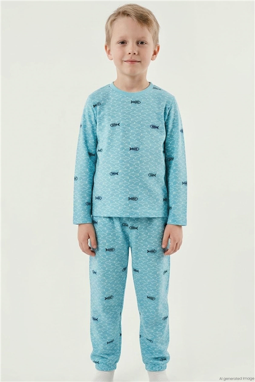 Breeze Erkek Çocuk Pijama Takımı Deniz Temalı Köpekbalığı Desenli Turkuaz (4-8 Yaş)
