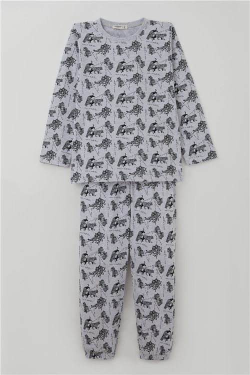 Breeze Erkek Çocuk Pijama Takımı Sevimli Kaplanlar Desenli Açık Gri Melanj (4-8 Yaş)