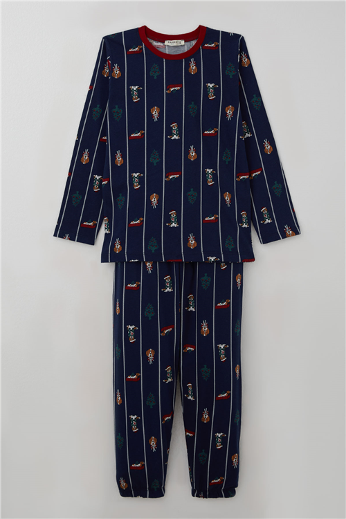 Breeze Erkek Çocuk Pijama Takımı Yılbaşı Temalı Sevimli Köpekçik Desenli Lacivert (4-8 Yaş)