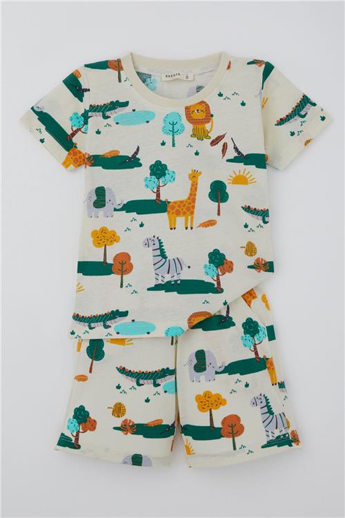 Breeze Erkek Çocuk Şortlu Pijama Takımı Safari Temalı Sevimli Hayvancıklar Desenli Sarı (1.5-5 Yaş)