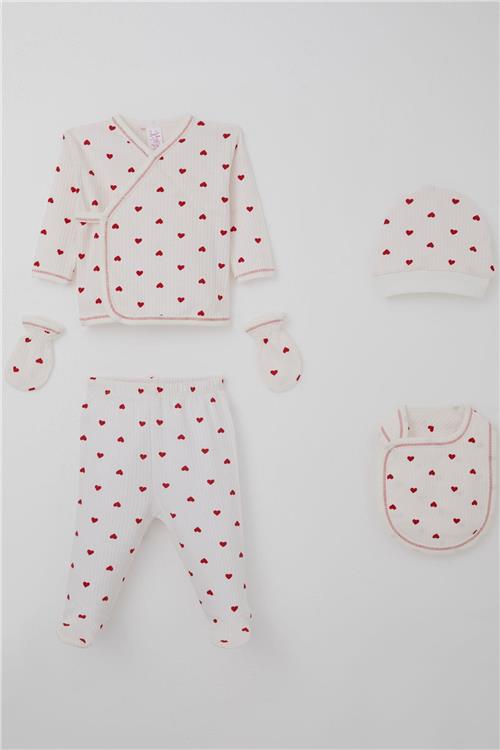 Breeze Kız Bebek Hastane Çıkışı 5 li Kalp Desenli Ekru (0-3 Ay)