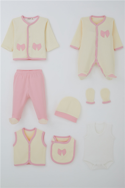 Breeze Kız Bebek Hastane Çıkışı 8 li Fiyonk Nakışlı Krem (0-3 Ay)