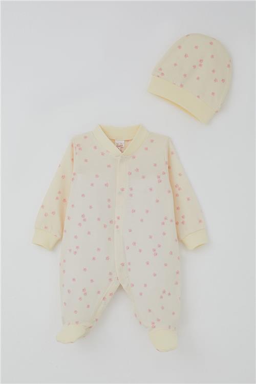Breeze Kız Bebek Patikli Tulum Çiçek Desenli Krem (0-6 Ay)