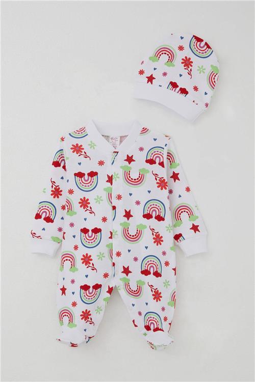 Breeze Kız Bebek Patikli Tulum Gökkuşağı Masalı Çiçek Desenli Beyaz (0-6 Ay)
