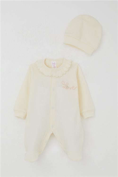 Breeze Kız Bebek Patikli Tulum Yaka Kısmı Fırfırlı Yazı Nakışlı Krem (0-6 Ay)