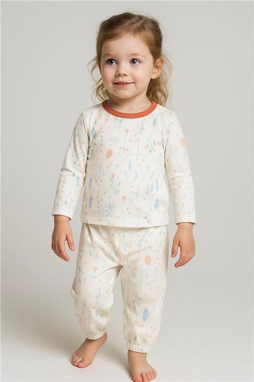 Breeze Kız Bebek Pijama Takımı Bahar Fısıltısı Renkli Yapraklar Desenli Ekru (9 Ay-3 Yaş)