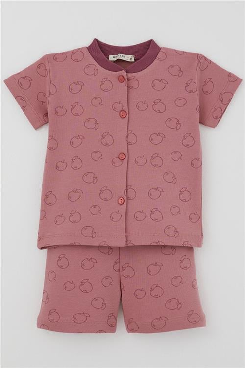 Breeze Kız Bebek Pijama Takımı Elma Desenli Önden Düğmeli Gülkurusu (4 Ay - 1 Yaş)