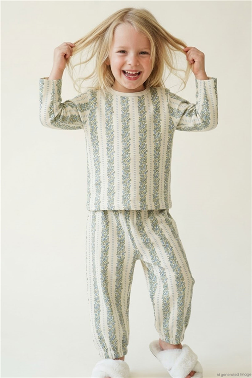 Breeze Kız Bebek Pijama Takımı Mavi Floral Çiçek Desenli Şeritli Ekru (9 Ay-3 Yaş)