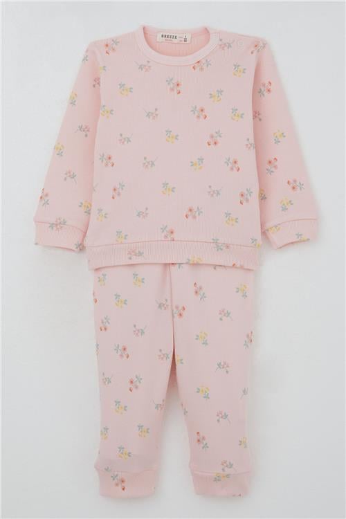 Breeze Kız Bebek Pijama Takımı Omuzdan Patlı Renkli Çiçek Desenli Pembe (4 Ay-1 Yaş)
