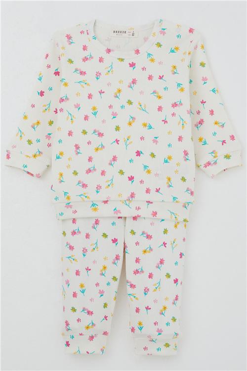 Breeze Kız Bebek Pijama Takımı Omuzdan Patlı Renkli Çiçek Desenli Ekru (4 Ay-1 Yaş)
