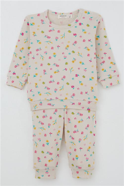 Breeze Kız Bebek Pijama Takımı Omuzdan Patlı Renkli Çiçek Desenli Krem (4 Ay-1 Yaş)