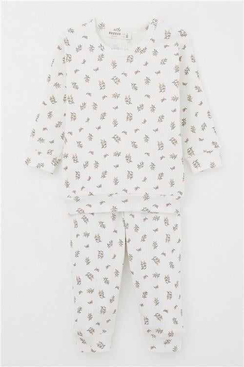 Breeze Kız Bebek Pijama Takımı Omuzdan Patlı Çiçek Desenli Ekru (4 Ay-1 Yaş)